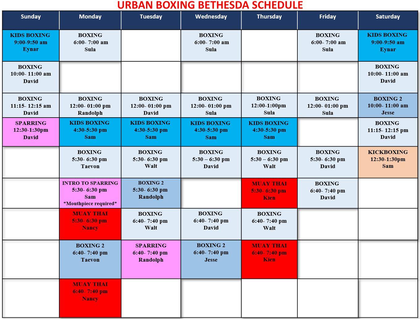 Weekly class schedule — Urban Boxing Bethesda. Boxing, kickboxing, Muay Thai. Tap to request your first class free.